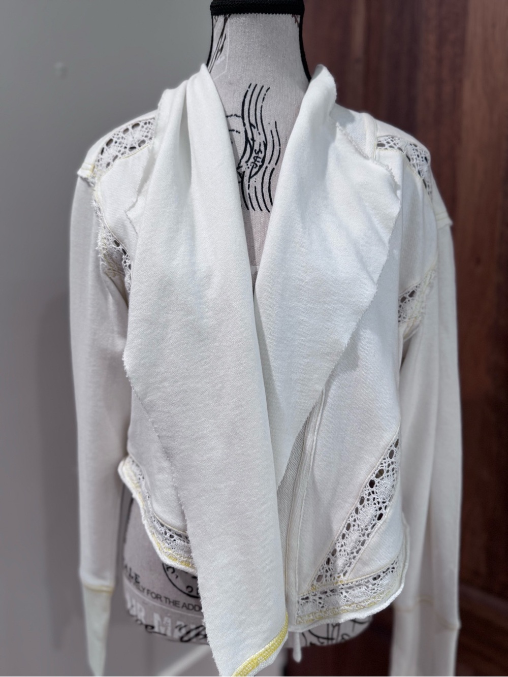 We The Free Cream Lace-Panel Draped Open Front Jacket